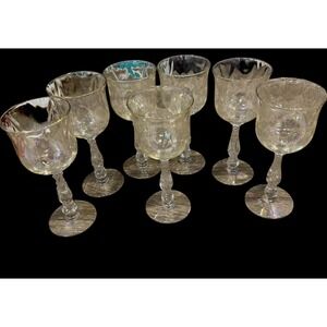 Antique Fostoria Cellini Loop Iridescent Flora Step Glasses Lot Of 7. EUC. RARE!